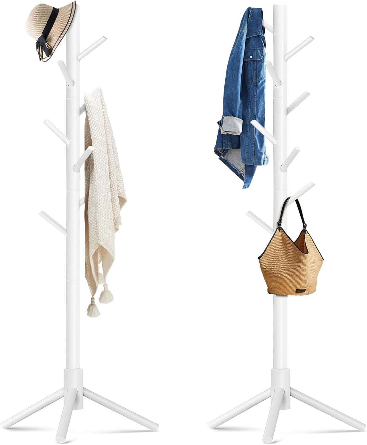 2 Pack Coat Rack, Solid Wood Coat Rack Freestanding with 8 Hooks & 3 Adjustable Heights, Simple Assembly Coat Tree for Hats, Bags, Wooden Coat Hanger Stand for Bedroom, Entryway, Office